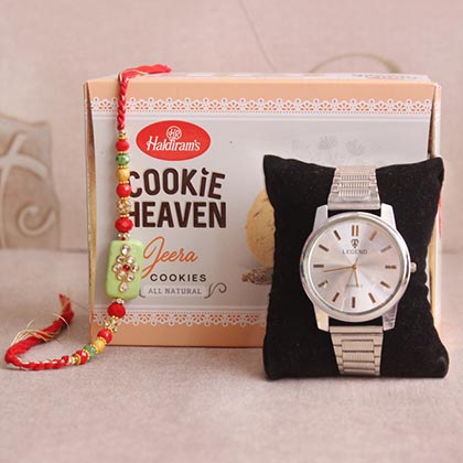 Pearl rakhi with a wristwatch and chocolates