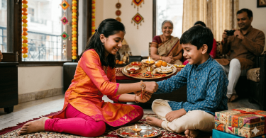 A sister tying a traditional Rakhi on her brother's wrist