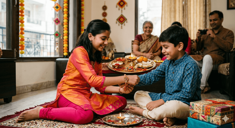 A sister tying a traditional Rakhi on her brother's wrist