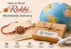 Guide showing worldwide Rakhi delivery process with gifts, globe, and airplane.