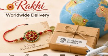 Guide showing worldwide Rakhi delivery process with gifts, globe, and airplane.