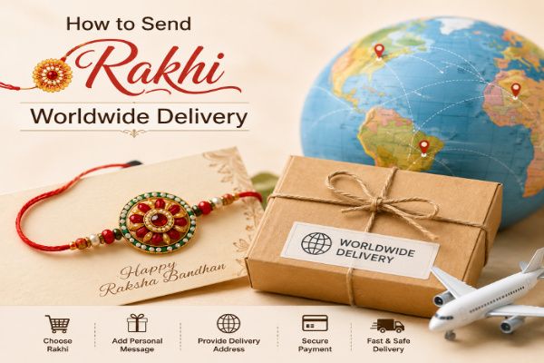 Guide showing worldwide Rakhi delivery process with gifts, globe, and airplane.