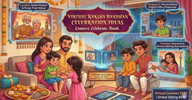 An illustration showing a family celebrating Raksha Bandhan virtually with global relatives