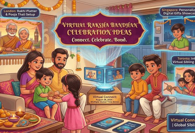 An illustration showing a family celebrating Raksha Bandhan virtually with global relatives
