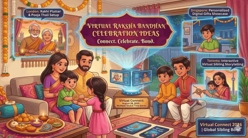 An illustration showing a family celebrating Raksha Bandhan virtually with global relatives
