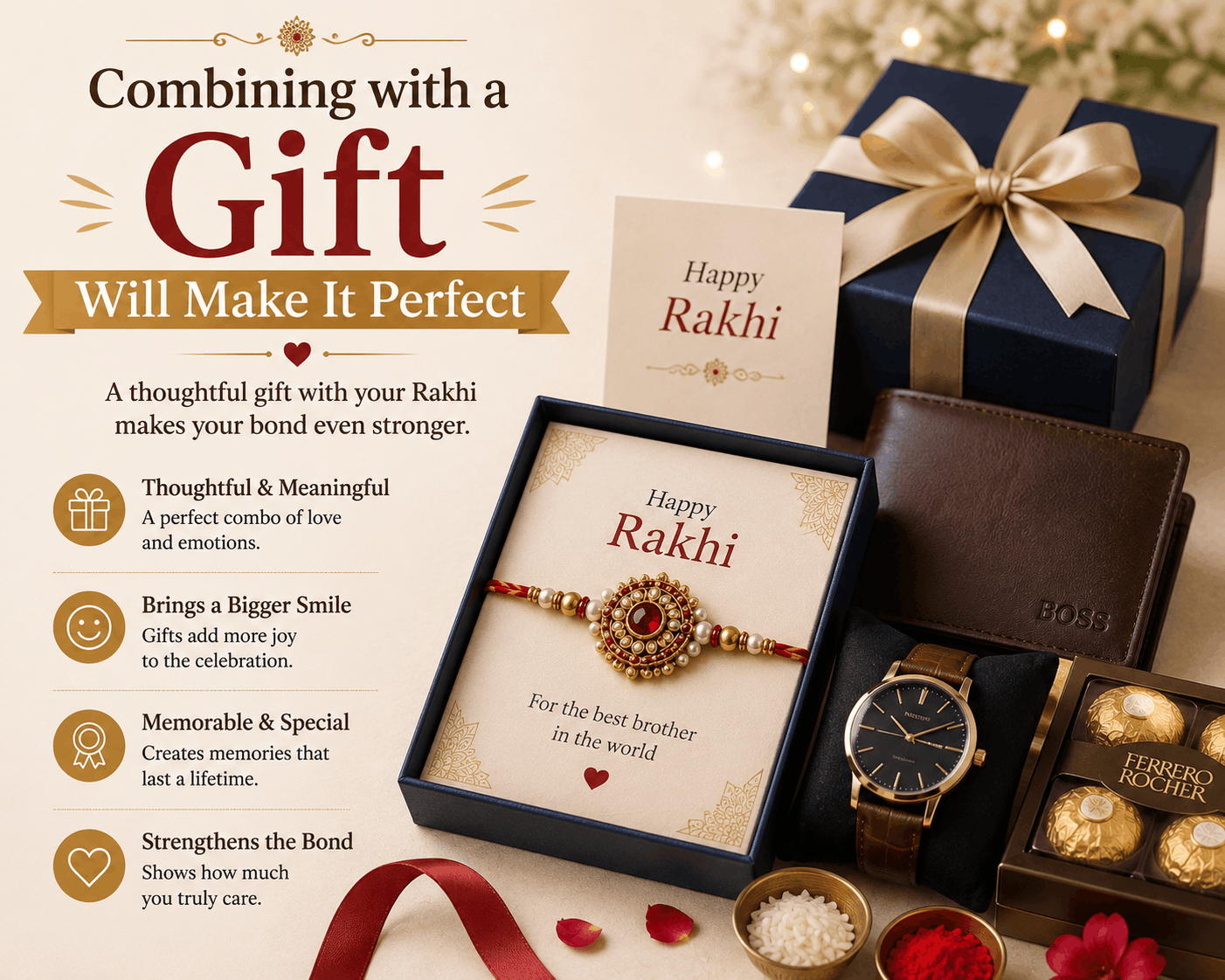 Rakhi gift combo featuring a watch, wallet, chocolates, and card