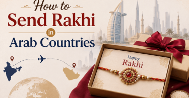 Rakhi gift box and Dubai skyline for Arab country shipping