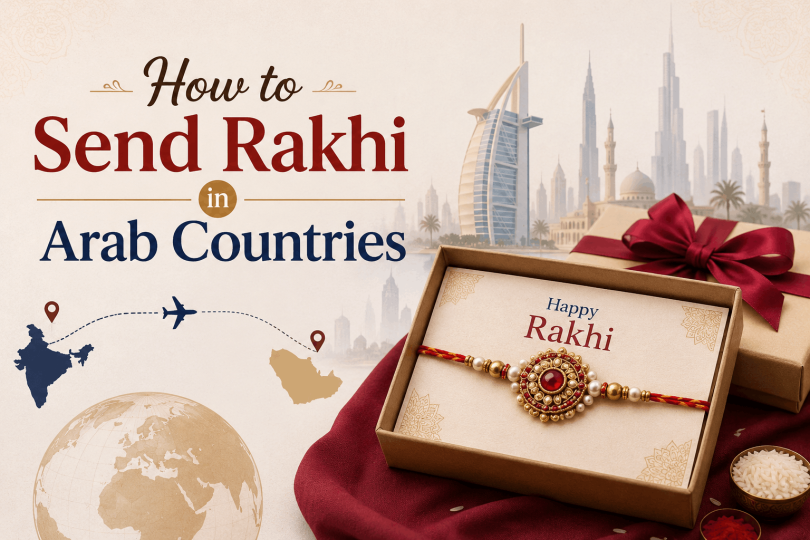 Rakhi gift box and Dubai skyline for Arab country shipping