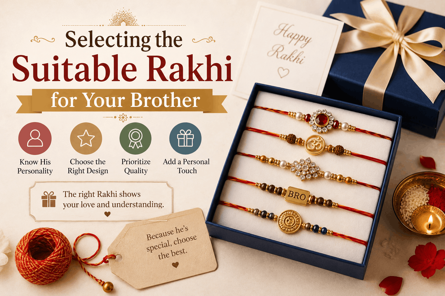 Five elegant Rakhi designs in a box with selection tips