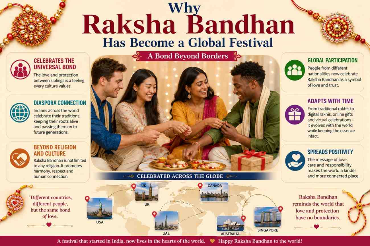Global Raksha Bandhan celebration infographic showing cultural unity and worldwide sibling bonding