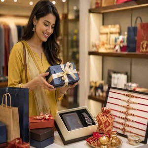 Woman selecting Rakhi gift hamper with festive presents and decorative rakhis