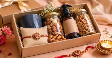 Thoughtful Rakhi gift hamper with healthy snacks, wellness items, and festive rakhi.