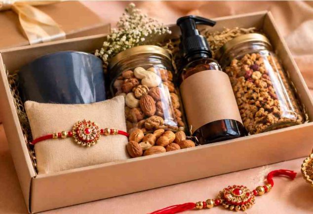 Thoughtful Rakhi gift hamper with healthy snacks, wellness items, and festive rakhi.
