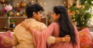 Brother and sister celebrating Raksha Bandhan with love, smiles, and traditional Rakhis together
