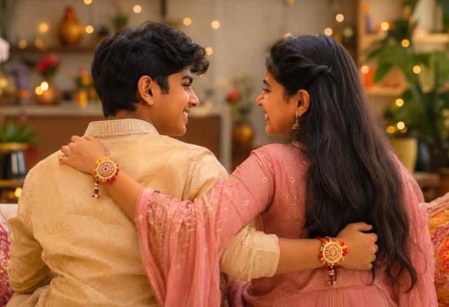 Brother and sister celebrating Raksha Bandhan with love, smiles, and traditional Rakhis together