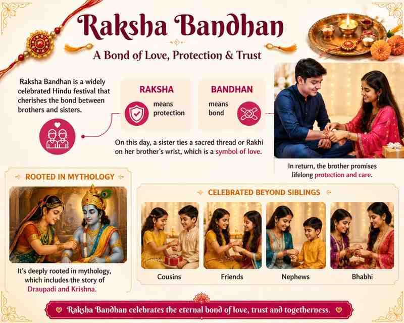 Raksha Bandhan infographic showing sibling bond, rituals, mythology, and traditions