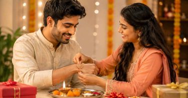 Sister tying Rakhi on brother during traditional Raksha Bandhan celebration with sweets.
