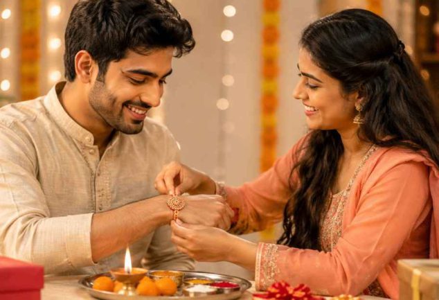 Sister tying Rakhi on brother during traditional Raksha Bandhan celebration with sweets.