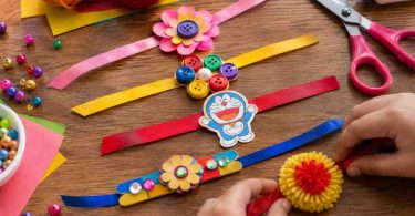 Kids making colorful handmade DIY Rakhi using paper, buttons, ribbons and wool.