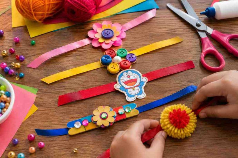 Kids making colorful handmade DIY Rakhi using paper, buttons, ribbons and wool.