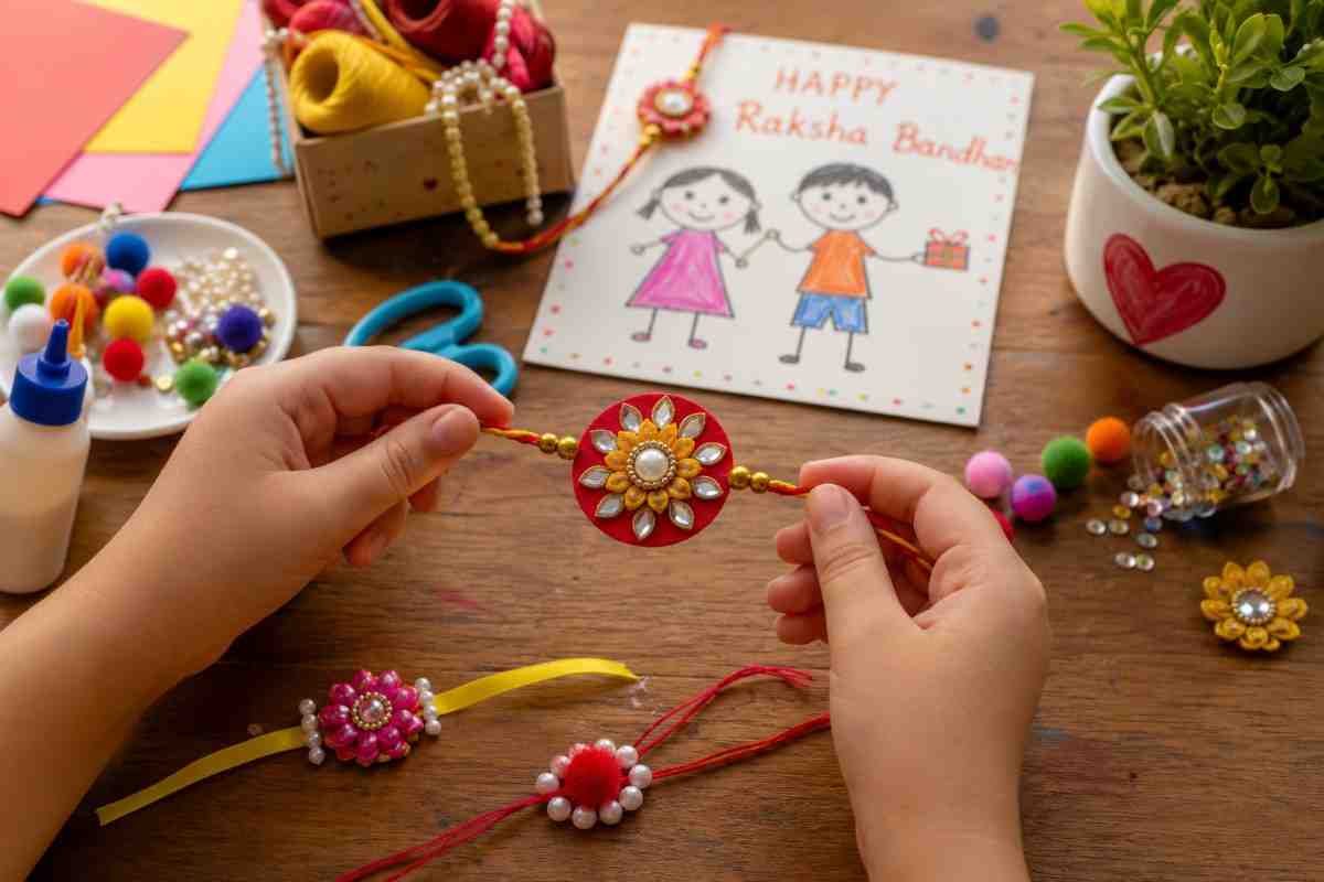 Child making colorful handmade rakhi with craft materials on wooden table