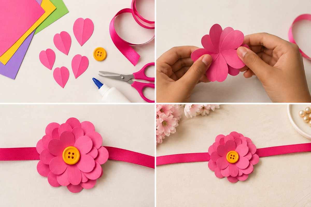 Colorful handmade paper flower rakhi with ribbon, button, and craft materials displayed