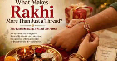 Sister tying rakhi during Raksha Bandhan with traditional puja thali and diya