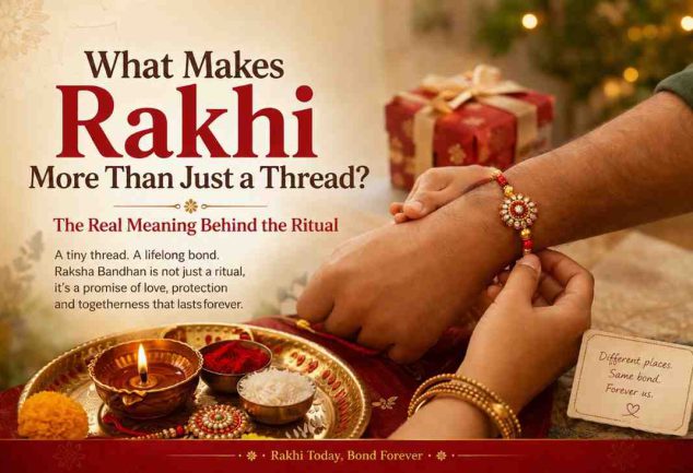 Sister tying rakhi during Raksha Bandhan with traditional puja thali and diya