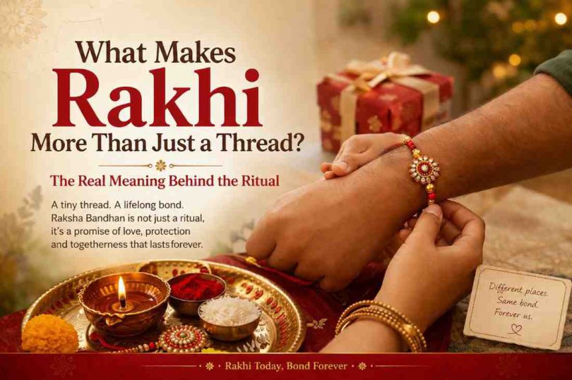 Sister tying rakhi during Raksha Bandhan with traditional puja thali and diya
