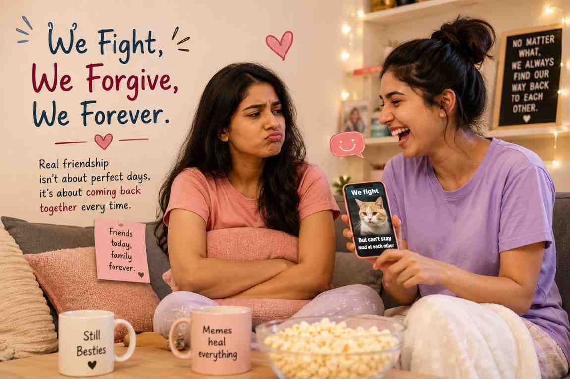 Two best friends laugh after argument, proving unconditional friendship and forgiveness always