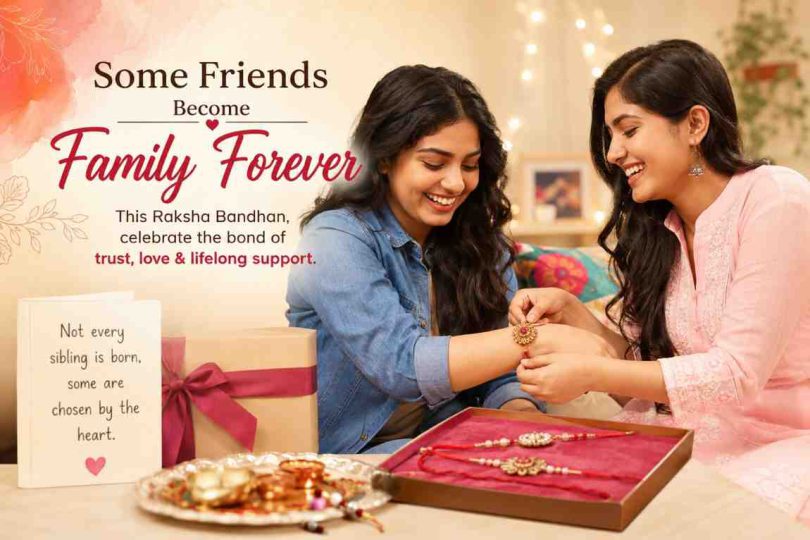 Two best friends celebrate Raksha Bandhan by tying rakhi with joyful smiles together